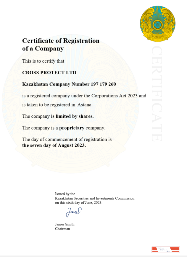 Kazakhstan certificate of registration Word and PDF template